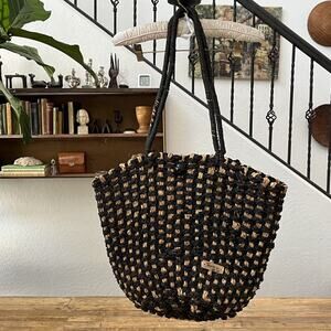 Tropic De Toi Straw Tote Bag Large 18" Black & Beige Hand-Woven